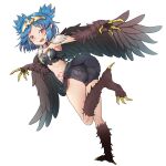  1girl absurdres ass bird_legs black_feathers black_wings blush breasts claws fang feathered_wings feathers harpy highres indie_virtual_youtuber lincoro monster_girl navel open_mouth pointy_ears red_eyes rosia_san short_hair short_twintails shorts simple_background small_breasts solo stomach_tattoo talons tattoo tiara twintails virtual_youtuber white_background wings 