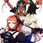  3girls ascot bandages blonde_hair blue_eyes brown_eyes choker dark_skin facial_mark fire_emblem fire_emblem_engage gloves gold_trim jewelry kuroyu66 long_hair merrin_(fire_emblem) multiple_girls necklace orange_hair panette_(fire_emblem) ponytail ribbon short_hair timerra_(fire_emblem) white_background yellow_eyes 