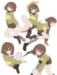  1other absurdres black_shirt black_socks blush_stickers brown_footwear brown_hair brown_shorts chara_(undertale) closed_mouth collared_shirt green_sweater highres holding holding_knife knees_up knife legs_together loafers long_sleeves looking_at_viewer lying medium_hair multiple_views nano_mochi on_back red_eyes running shirt shoes shorts simple_background socks striped striped_sweater sweater undertale white_background 