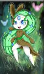  2022 blue_eyes clothing detailed_background dress elchuydra featureless_feet female generation_5_pokemon green_hair hair happy hi_res humanoid legendary_pokemon long_hair meloetta meloetta_(aria_form) nintendo not_furry open_mouth pokemon pokemon_(species) solo 