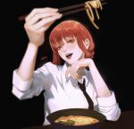 1girl blunt_bangs blush braid chainsaw_man chopsticks dark_background food formal hand_on_own_face highres holding holding_chopsticks long_hair looking_at_viewer makima_(chainsaw_man) necktie noodles open_mouth orange_eyes red_hair ringed_eyes shirt sidelocks single_braid solo udon white_shirt 