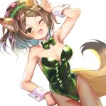  1girl ;d absurdres animal_ear_fluff animal_ears arm_up armpits blush bow brown_eyes brown_hair character_request collar cowboy_shot detached_collar fishnet_pantyhose fishnets fox_ears fox_girl fox_tail green_bow green_leotard green_scrunchie groin hair_ornament hair_scrunchie hairclip hand_on_own_hip high_ponytail highres leotard looking_at_viewer nyama one_eye_closed pantyhose parted_bangs ponytail scrunchie show_by_rock!! simple_background smile solo strapless strapless_leotard tail thigh_gap white_background white_collar wing_collar wrist_cuffs x_hair_ornament 