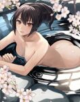  1girl :d ass bathing black_hair branch breasts brown_eyes cherry_blossoms collarbone commentary completely_nude flower hair_between_eyes hair_up highres kantai_collection kasumi_(skchkko) large_breasts long_hair looking_at_viewer nagato_(kancolle) nude partially_submerged petals smile solo wet 