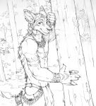  akatan_art anthro arm_markings back_markings bottomwear clothing ear_piercing ear_ring hi_res jewelry loincloth looking_at_viewer male markings monochrome necklace outside piercing plant ring_(jewelry) ring_piercing smile solo standing tree whiskers 
