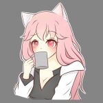  1girl animal_ears artsykittty black_shirt blush breasts cat_ears cleavage coffee_mug commentary commission cup english_commentary girls&#039;_frontline grey_background hair_between_eyes holding holding_cup lab_coat long_hair long_sleeves medium_breasts mug persica_(girls&#039;_frontline) pink_hair raised_eyebrow red_eyes shirt simple_background solo twitter_username upper_body 