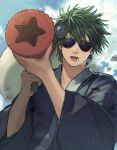  1boy absurdres cigarette cloud cloudy_sky commentary_request day fukuo_kidney gintama highres hijikata_toushirou holding holding_rocket_launcher japanese_clothes kimono male_focus official_alternate_costume outdoors sky smoke smoking solo sunglasses upper_body 