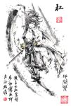  arm_up chinese_text clothing_cutout ink_wash_painting jidao_huashi jigokuraku kunai ninja no_bra painting_(medium) ponytail red_eyes seal_impression seal_script solo spot_color traditional_media watercolor_(medium) weapon yuzuriha_(jigokuraku) 