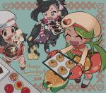 3girls :d alcremie alcremie_(strawberry_sweet) apple appletun apron baking_sheet blush bowl brown_footwear chef_hat chibi closed_eyes commentary_request dark-skinned_female dark_skin dated dawn_(palentine&#039;s_2021)_(pokemon) dawn_(pokemon) dress eyelashes food from_above fruit green_hair hair_ornament hairclip haraya hat holding holding_bowl kneehighs long_hair long_sleeves mallow_(palentine&#039;s_2023)_(pokemon) mallow_(pokemon) marnie_(palentine&#039;s_2022)_(pokemon) marnie_(pokemon) mawile multiple_girls official_alternate_costume open_mouth oven_mitts pokemon pokemon_(creature) pokemon_(game) pokemon_masters_ex shirt shoes sidelocks skirt smile socks standing twintails waist_apron whisk 