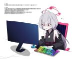  1girl ahoge at_computer bandaged_arm bandages bare_shoulders blue_archive censored_text chair cleavage_cutout clothing_cutout gauze gauze_on_cheek grey_hair halo haori highres japanese_clothes keyboard_(computer) kiroshi long_hair long_sleeves monitor obi parted_lips red_eyes sash shaded_face shuro_(blue_archive) sitting solo white_background wide_sleeves 