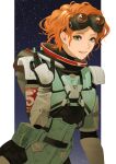  1girl animification apex_legends belt black_belt black_eyeshadow black_gloves blue_eyes cable eyeshadow flat_chest freckles gloves goggles goggles_on_head highres holding holding_pen horizon_(apex_legends) looking_at_viewer makeup meriko orange_hair parted_lips pen pouch short_hair smile solo space spacesuit 