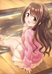  1girl arm_support ashiyu barefoot blush bow brown_eyes brown_hair dekosuke feet from_behind idolmaster idolmaster_cinderella_girls idolmaster_cinderella_girls_starlight_stage long_hair long_sleeves looking_at_viewer looking_back one_side_up open_mouth pink_sweater shimamura_uzuki sitting skirt smile solo sweater yellow_skirt 