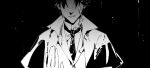  0000-111-0100-0 1boy bangs black_background chinese_commentary coat commentary_request dark facing_viewer highres jacket klein_moretti lord_of_the_mysteries monochrome necktie parted_lips rain shirt short_hair simple_background solo wet wet_clothes wet_hair 