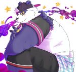  2023 absurd_res alp_(tas) anthro bari_mu bear black_nose blush bottomwear clothing giant_panda hat headgear headwear hi_res kemono lifewonders male mammal overweight overweight_male purple_body shirt shorts solo tokyo_afterschool_summoners topwear white_body 