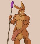  anthro balls big_balls big_penis body_hair chest_hair dildo_spear droll3 genitals hand_on_penis hi_res huge_balls huge_penis lagomorph leporid looking_at_viewer male mammal melee_weapon muscular muscular_male penis polearm pubes rabbit smile smiling_at_viewer solo spear weapon 