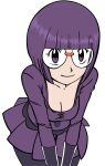  1girl bent_over black_gloves black_pantyhose blunt_bangs bob_cut breasts buttons cleavage collarbone colorized derivative_work elbow_gloves glasses gloves jontsi large_breasts manga_panel_redraw official_art pantyhose pleated_skirt pokemon pokemon_(game) pokemon_bw purple_eyes purple_hair purple_skirt round_eyewear shauntal_(pokemon) short_hair skirt solo white_background 