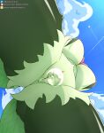  anthro bodily_fluids breasts female generation_9_pokemon genital_fluids genitals green_body hi_res katzenstrand low-angle_view meowscarada nintendo nipples nude outside pokemon pokemon_(species) pussy pussy_juice sky solo 