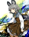  1girl animal animal_ears blush capelet closed_mouth dowsing_rod dress feet_out_of_frame grey_capelet grey_dress grey_hair highres holding jewelry kaigen_1025 long_sleeves mouse mouse_ears mouse_tail nazrin pendant red_eyes short_hair smile solo tail touhou 