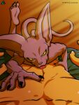  3:4 anthro bed beerus claws domestic_cat dragon_ball dragon_ball_super duo feet felid feline felis furniture grabbing_sides hairless hairless_cat hi_res human licking licking_body looking_at_viewer male male/male mammal nude on_bed prismanoodle_(artist) rubbing_chest simple_background smile sphynx_(cat) tail toe_claws toes tongue tongue_out 