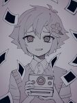  0tz026 1boy basil_(faraway)_(omori) basil_(omori) camera collared_shirt flower greyscale hair_flower hair_ornament highres holding holding_camera looking_at_viewer monochrome nervous_smile omori open_mouth photo_(object) shirt short_hair short_sleeves smile solo sweater_vest upper_body 