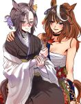  2girls :d absurdres air_groove_(umamusume) animal_ears bandages bare_shoulders black_choker black_kimono blue_eyes breasts brown_hair chest_sarashi choker cleavage commentary ear_ornament earrings glasses highres horse_ears japanese_clothes jewelry kimono kuya_(hey36253625) long_sleeves multicolored_hair multiple_girls official_alternate_costume official_alternate_hairstyle open_mouth purple_eyes sarashi short_hair sidelocks simple_background single_earring smile streaked_hair symboli_rudolf_(archer_of_the_white_moon)_(umamusume) symboli_rudolf_(umamusume) the_sounds_of_autumn_(umamusume) umamusume white_background white_hair wide_sleeves 