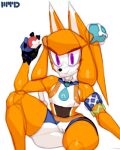  2019 android anthro armlet belly black_belly bottomwear camel_toe canid canine canis clothing cosplay countershade_torso countershading crop_top crossover crossover_cosplay dark_body domestic_dog ears_up female flat_chested glistening glistening_body gloves gym_leader handwear husky inessa_lebedeva jewelry low_res machine mammal marthedog necklace nessa_(pokemon) nintendo nordic_sled_dog orange_body pokeball pokemon purple_eyes raised_leg robot shirt shorts sitting snout solo spitz squish thick_thighs tight_clothing topwear white_face wide_hips 