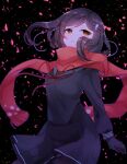  1girl black_background black_gloves black_hair black_serafuku black_shirt black_skirt falling_petals floating_hair gloves hair_ornament hairclip half-closed_eyes long_hair long_sleeves looking_at_viewer okanoyuno parted_lips petals pleated_skirt print_scarf red_eyes red_ribbon red_scarf ribbon sailor_collar sayo_samonji_(tenka_hyakken) scarf school_uniform serafuku shirt skirt solo tenka_hyakken 