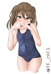  1girl absurdres blue_one-piece_swimsuit blush brown_eyes brown_hair collarbone covered_navel heart heart_hands highres kantai_collection long_hair looking_at_viewer old_school_swimsuit one-piece_swimsuit ryuujou_(kancolle) school_swimsuit short_hair solo swimsuit tf_cafe twintails twitter_username white_background 