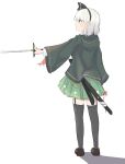  1girl absurdres black_hairband black_ribbon black_thighhighs brown_footwear closed_mouth from_behind full_body garter_straps green_eyes green_jacket green_skirt grey_hair hair_ribbon hairband highres hitodama_print holding holding_sword holding_weapon hood hood_down hooded_jacket jacket konpaku_youmu light_blush light_smile long_sleeves looking_to_the_side medium_hair outstretched_arm pleated_skirt pointing pointing_sword profile refuson_man ribbon scabbard sheath shoes simple_background sketch skirt solo standing sword thighhighs touhou unsheathed weapon white_background wide_sleeves 