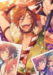  3boys arm_up blush braid brown_hair choker closed_mouth clothing_request earrings english_commentary ensemble_stars! fingernails grin hair_between_eyes hand_fan hand_fan_writing headband highres holding holding_fan japanese_clothes jewelry kiri_futoshi marker mikejima_madara multiple_boys narukami_arashi one_eye_closed open_mouth pectorals photo_(object) pov short_hair smile solo_focus sweat teeth tsukinaga_leo upper_teeth_only v 