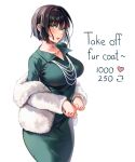  1girl absurdres black_hair blush breasts coat collarbone curly_hair curvy dress english_text from_side fubuki_(one-punch_man) fur_coat green_dress green_eyes hair_between_eyes highres impossible_clothes impossible_dress jewelry large_breasts long_sleeves looking_at_viewer machulanko meme necklace one-punch_man pearl_necklace pink_lips short_hair sideboob simple_background solo standing taut_clothes taut_dress twitter_strip_game_(meme) white_background 
