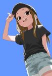  1girl absurdres black_headwear black_shirt blue_background blue_shorts brown_eyes brown_hair from_below hat highres karakai_jouzu_no_takagi-san long_hair looking_at_viewer open_mouth shirt short_sleeves shorts simple_background smile solo takagi-san teeth thighs upper_teeth_only yamamoto_souichirou 