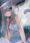  1girl ;o all_fours animal_collar animal_ears bare_arms bare_shoulders blue_eyes blurry blurry_background cat_ears cat_girl cat_tail collar commentary_request crop_top curtains from_below gra2_(gurqgurq2) grey_hair grey_skirt hair_ornament highres indie_virtual_youtuber leash long_hair messy_hair nachoneko one_eye_closed plaid plaid_skirt skirt tail tearing_up virtual_youtuber 