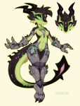  anthro armor breasts chest_tuft claws cybernetic_limb cybernetics featureless_breasts featureless_crotch female fur furred_kobold green_eyes head_tuft hi_res horn kobold looking_at_viewer machine markings navel prosthetic prosthetic_arm prosthetic_leg prosthetic_limb simple_background solo spikes tuft waspsalad 