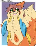  2_tails anthro artist_name biped black_nose border breasts brown_hair cheek_tuft chest_tuft facial_tuft female fingers floatzel fur generation_4_pokemon gradient_background green_eyes hair hi_res multi_tail navel nintendo open_mouth orange_body orange_fur orange_tail pokemon pokemon_(species) princessnapped simple_background solo standing tail transformation tuft white_border 