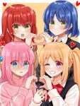  blonde_hair blue_eyes blue_hair blush bocchi_the_rock! cube_hair_ornament gotoh_hitori green_eyes hair_ornament heart heart_hands highres ijichi_nijika kita_ikuyo long_hair pink_hair pink_track_suit red_eyes red_hair side_ponytail track_suit wata9mm_no yamada_ryo yuri 