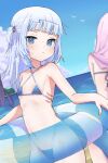  2girls :/ angeldu bare_shoulders bikini blue_eyes blue_hair blue_sky breasts commentary_request day dot_nose english_commentary fins fish_tail gawr_gura gills grey_hair highres hololive hololive_english innertube long_hair micro_bikini midriff mixed-language_commentary multiple_girls navel ocean petite pink_hair shark_girl shark_tail sky small_breasts stomach sweat swimsuit tail thighs 