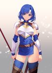 1girl armor blue_eyes blue_hair boots brown_footwear catria_(fire_emblem) commentary_request detached_sleeves fire_emblem fire_emblem:_shadow_dragon_and_the_blade_of_light gradient_background headband holding holding_polearm holding_weapon kirishima_satoshi looking_at_viewer panties partial_commentary pegasus_knight_uniform_(fire_emblem) polearm short_hair side_slit simple_background smile solo thigh_boots thighhighs underwear weapon white_background white_headband white_panties 