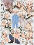  1boy aged_down bandaged_arm bandages cracked_skin dr._stone gradient_hair green_hair highres hokushin_14 ishigami_senkuu long_hair looking_at_viewer male_focus multicolored_hair multiple_views open_mouth red_eyes short_sleeves smile spiked_hair topless_male white_hair 