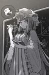  1girl absurdres bangs blunt_bangs book bow breasts chalk chalkboard chiroru_(cheese-roll) commentary crescent crescent_pin hair_bow hat highres holding holding_book holding_chalk indoors limited_palette long_hair long_sleeves mob_cap patchouli_knowledge planet purple_eyes sidelocks solo speech_bubble standing touhou wide_sleeves 
