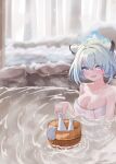  1girl absurdres animal_ears blue_archive blue_halo blush breasts cleavage collarbone green_hair hair_between_eyes halo highres large_breasts naked_towel official_alternate_costume onsen open_mouth partially_submerged purple_eyes shigure_(blue_archive) shigure_(hot_spring)_(blue_archive) short_hair smile solo tokkuri towel water weasel_ears white_towel yoshi-j 