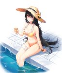  1girl bai_winchester bare_arms bare_shoulders bikini black_hair breasts cleavage closers collarbone cream_on_body embarrassed flower food halterneck hat hat_flower heterochromia highres holding holding_food ice_cream ice_cream_cone large_breasts long_hair looking_at_viewer multi-strapped_bikini navel official_art open_mouth orange_bikini pink_eyes poolside purple_eyes side-tie_bikini_bottom sitting soaking_feet solo stomach straw_hat string_bikini swimsuit thighs very_long_hair water wet wristband 