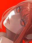  1girl braid chainsaw_man close-up commentary eyelashes highres lips llq9ull makima_(chainsaw_man) orange_eyes orange_hair portrait red_background ringed_eyes single_braid solo symbol-only_commentary 