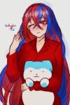  alear_(female)_(fire_emblem) alear_(fire_emblem) alternate_costume blue_hair braid closed_mouth crossed_bangs crown_braid english_commentary fire_emblem fire_emblem_engage hair_between_eyes highres holding long_hair long_sleeves looking_at_viewer multicolored_hair one_eye_closed pajamas red_eyes red_hair rotomdocs sommie_(fire_emblem) split-color_hair two-tone_hair very_long_hair white_background 
