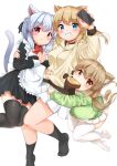  3girls animal_ear_fluff animal_ears hair_between_eyes hair_ornament highres hiyori-chan holding koruri-chan_(sora) long_hair long_sleeves looking_at_viewer multiple_girls open_mouth original pleated_skirt skirt sora_(silent_square) thighhighs tsugumi-chan_(sora) 