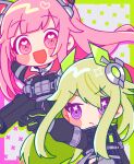  2girls :/ :d ammunition_pouch bad_gun_anatomy black_jacket blunt_bangs blush_stickers border chest_harness close_game/offline_(project_sekai) closed_mouth collared_jacket commentary_request extra_ears frown gloves green_border green_gloves green_hair grey_background gun hair_between_eyes hair_flaps handgun harness headgear heart heart_in_eye holding holding_gun holding_weapon jacket kusanagi_nene light_green_hair long_hair long_sleeves looking_ahead looking_at_viewer multicolored_clothes multicolored_jacket multiple_girls official_alternate_costume official_alternate_hair_length official_alternate_hairstyle ootori_emu open_mouth pink_border pink_eyes pouch project_sekai red_jacket ringed_eyes robot_ears smile symbol_in_eye two-tone_gloves two-tone_jacket ui_(ui_73) upper_body weapon x 