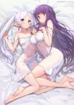  2girls bare_shoulders barefoot blunt_bangs blush breasts cleavage closed_mouth collarbone commentary_request covered_navel dress earrings elf fern_(sousou_no_frieren) frieren green_eyes hong_(white_spider) jewelry large_breasts long_hair looking_at_viewer lying multiple_girls parted_bangs pointy_ears purple_eyes purple_hair see-through small_breasts smile sousou_no_frieren twintails variant_set white_dress white_hair 