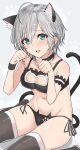  1girl anastasia_(idolmaster) animal_ear_fluff animal_ears armband bare_shoulders black_armband black_bra black_choker black_panties black_thighhighs black_wristband blue_eyes blush bra breasts cat_cutout cat_ear_panties cat_ears cat_lingerie cat_tail choker cleavage cleavage_cutout clothing_cutout collarbone cure_slum dot_nose fake_animal_ears fake_tail footprints frilled_armband frilled_bra frills grey_background grey_hair hair_between_eyes hands_up highres idolmaster idolmaster_cinderella_girls idolmaster_cinderella_girls_starlight_stage looking_at_viewer medium_breasts meme_attire midriff navel open_mouth panties paw_pose short_hair shy side-tie_panties sitting solo tail thighhighs underwear wariza 