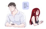  1boy 1girl alternate_costume arm_hair bare_shoulders blush breasts brown_hair chat_log cleavage collarbone collared_shirt cropped_torso dress_shirt garen_(league_of_legends) highres holding holding_phone katarina_(league_of_legends) league_of_legends muscular muscular_male phone red_hair shinaa_(maddynshinaa) shirt short_hair small_breasts sparkle white_shirt 