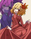  1girl aki_shizuha ass blonde_hair brown_background closed_mouth commentary_request creek_(moon-sky) from_behind highres jacket long_sleeves looking_at_viewer looking_back open_clothes open_jacket orange_eyes red_jacket red_skirt simple_background skirt skirt_hold smile solo touhou zoom_layer 