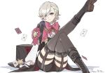  1boy ace_of_spades androgynous black_cape black_gloves black_headwear black_shorts black_thighhighs bow bowtie cape detached_sleeves genshin_impact gloves grey_hair hat long_sleeves looking_at_viewer lyney_(genshin_impact) male_focus no_headwear otoko_no_ko pink_bow pink_bowtie purple_eyes shirt short_hair shorts simple_background sitting smile spade_(shape) teardrop_facial_mark teardrop_tattoo thighhighs top_hat two-tone_gloves two_of_spades wai1010 white_shirt 